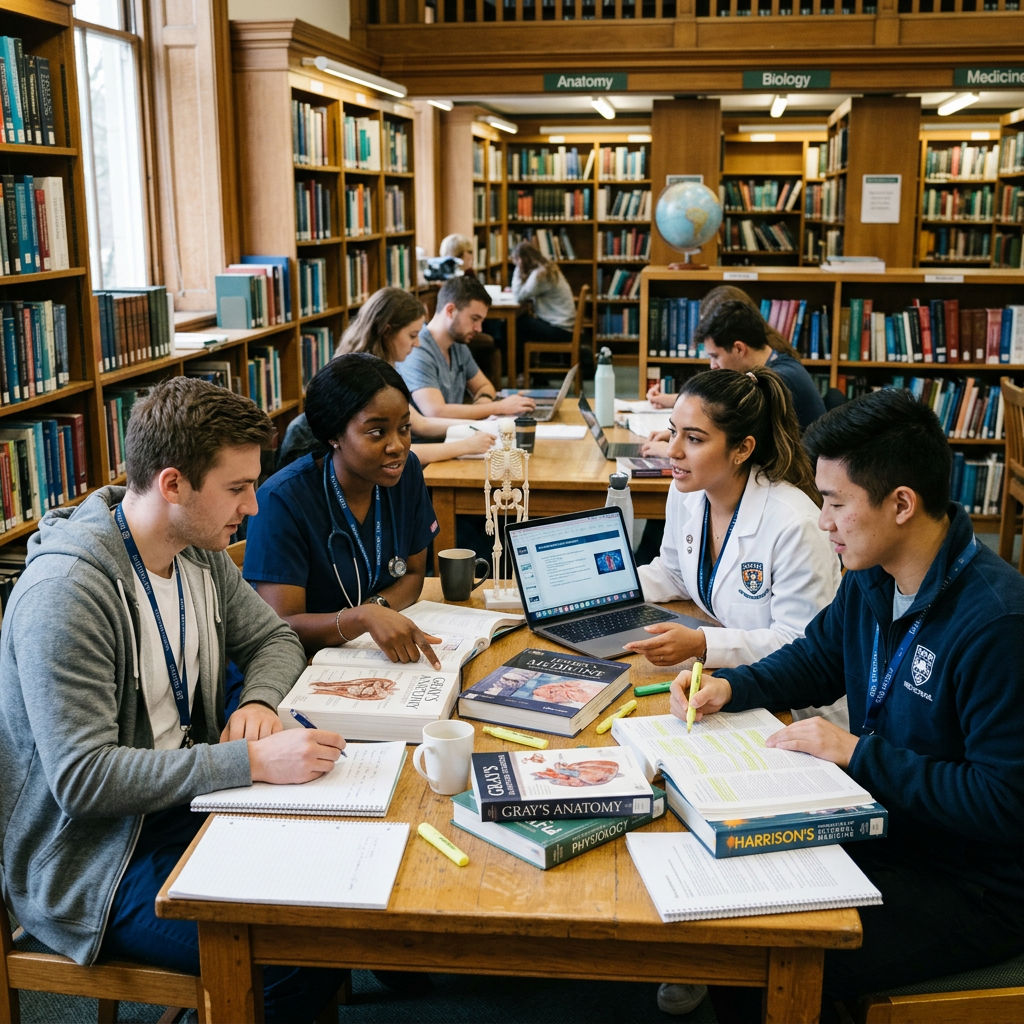 Four medical students studying together at a library table with anatomy textbooks and laptop